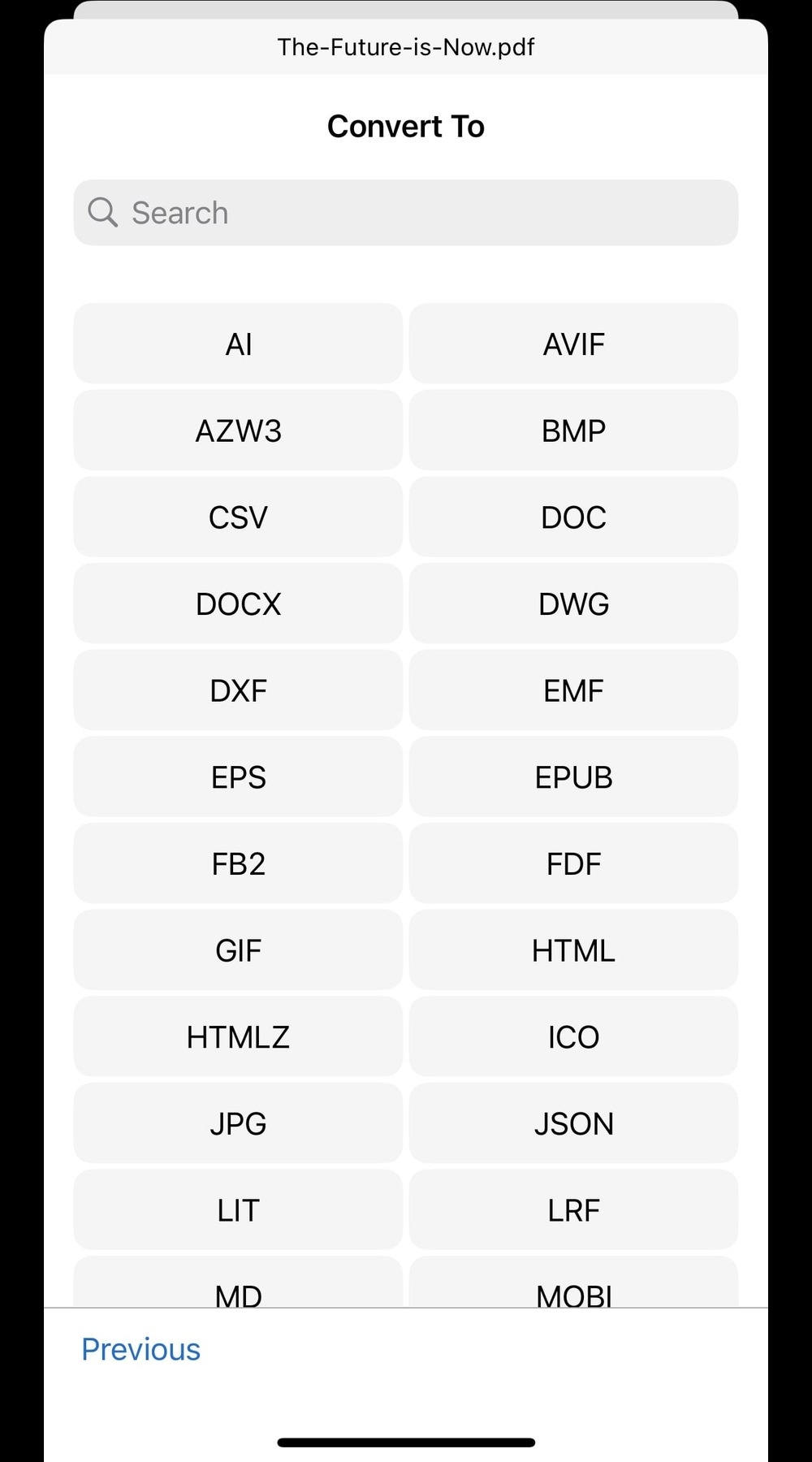 File format conversion page in the MobiDrive for iOS app, presenting various formats to convert "The-Future-is-Now.pdf," with selections like AI, DOCX, EPUB, JPG, and more.