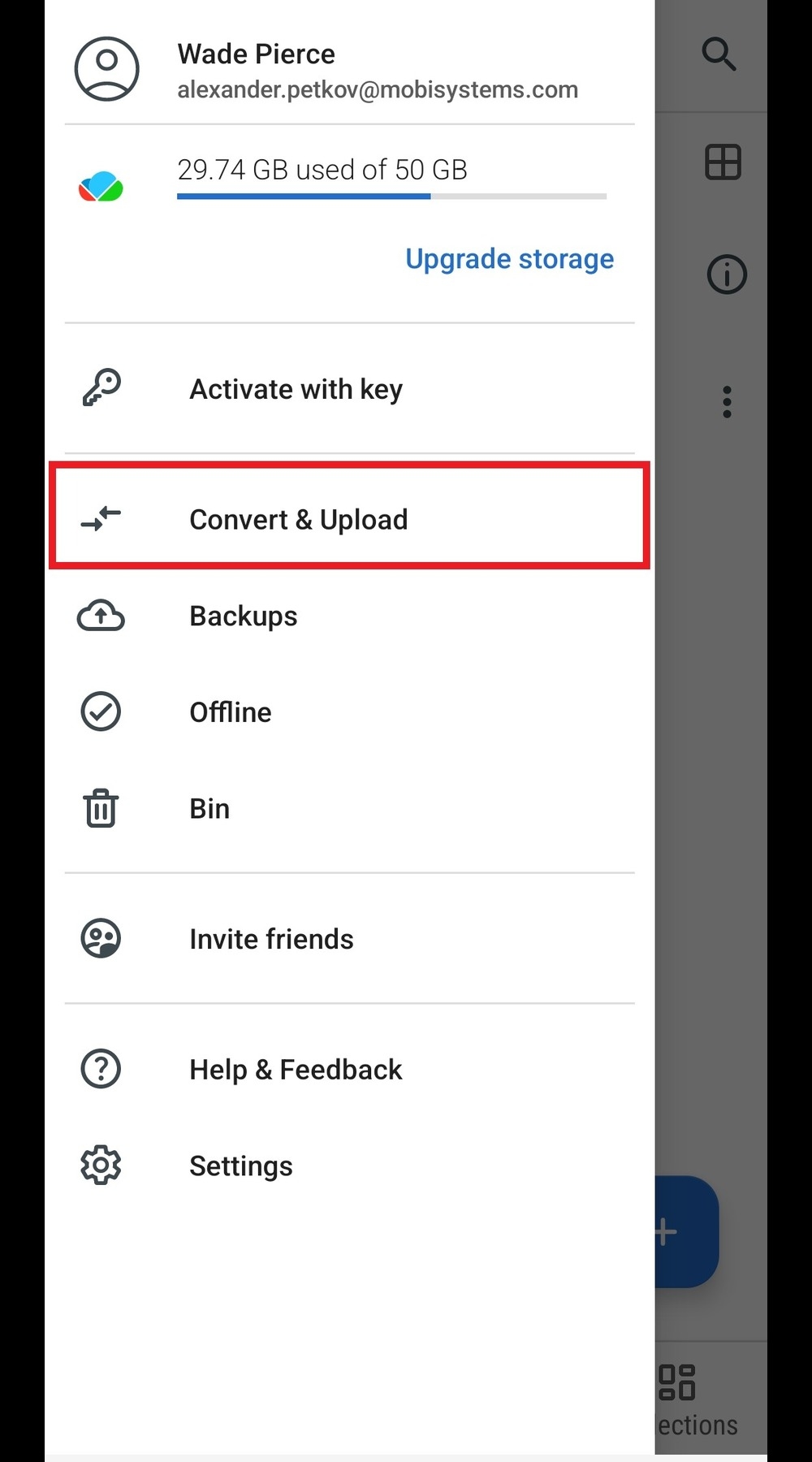 MobiDrive for Android app sidebar menu showing account information for Wade Pierce, storage usage, and options like "Convert & Upload," "Backups," and "Settings".