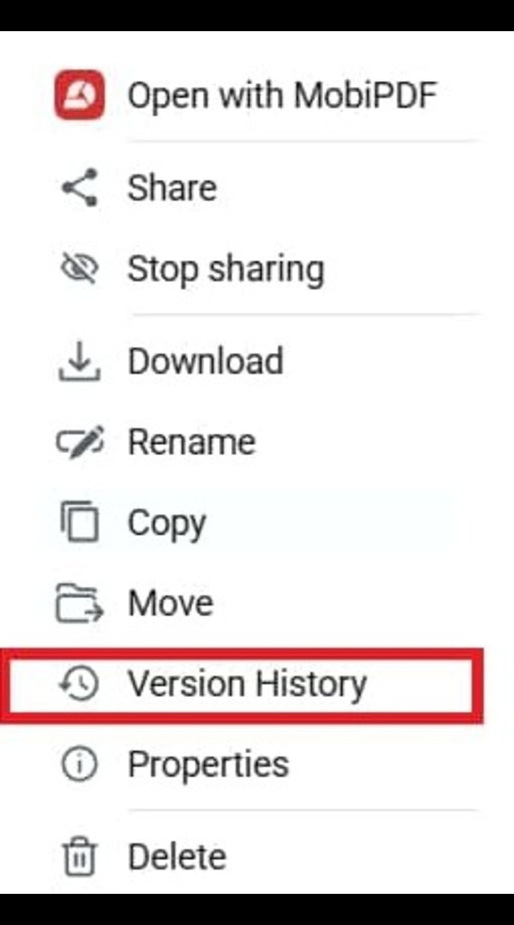 Context menu options for a file in MobiDrive, including choices like "Open with MobiPDF," "Share," "Download," with "Version History" highlighted by a red box.