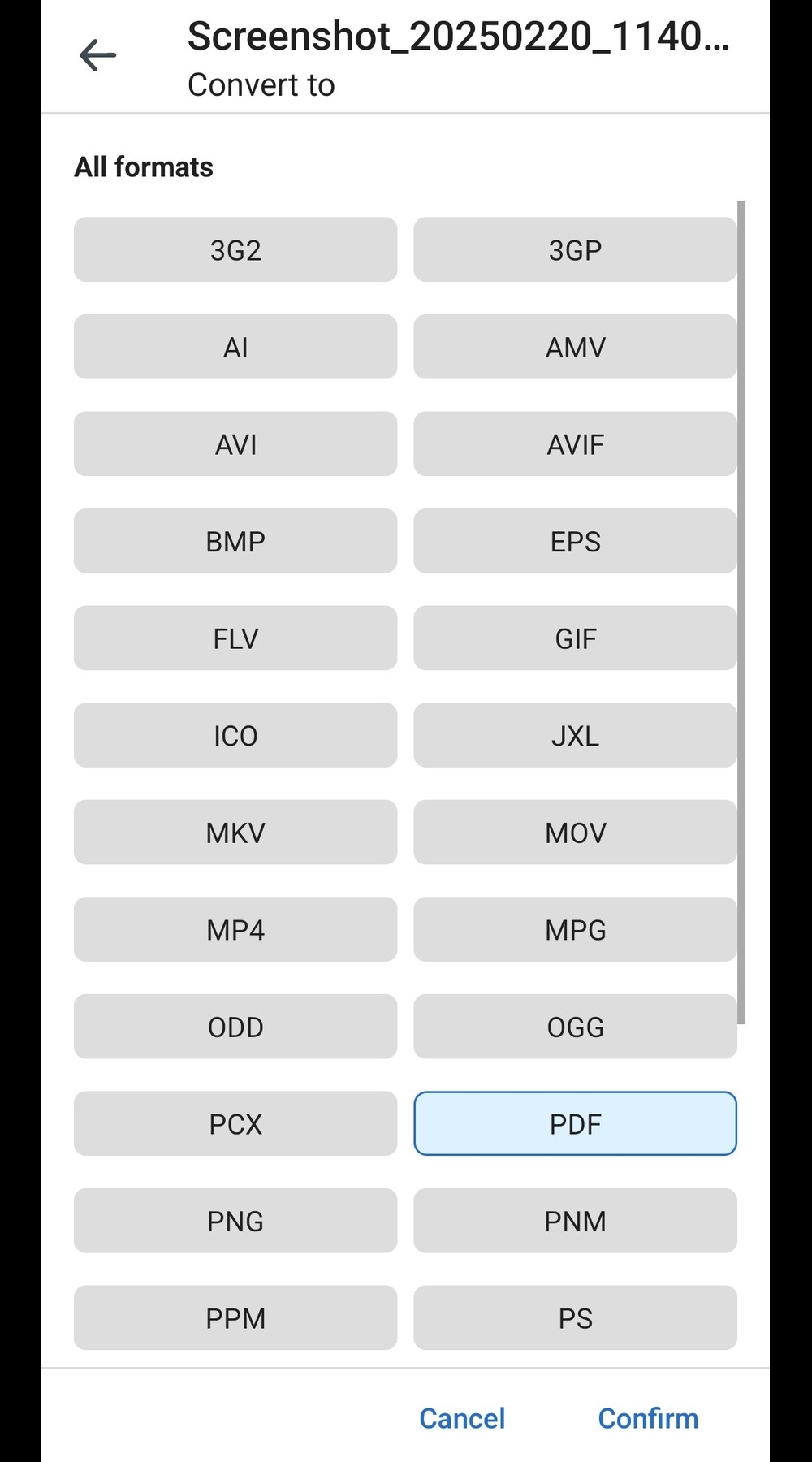 MobiDrive Android app file conversion screen displaying a list of available formats to convert a file, such as PDF, PNG, MP4, and more, with "PDF" selected.