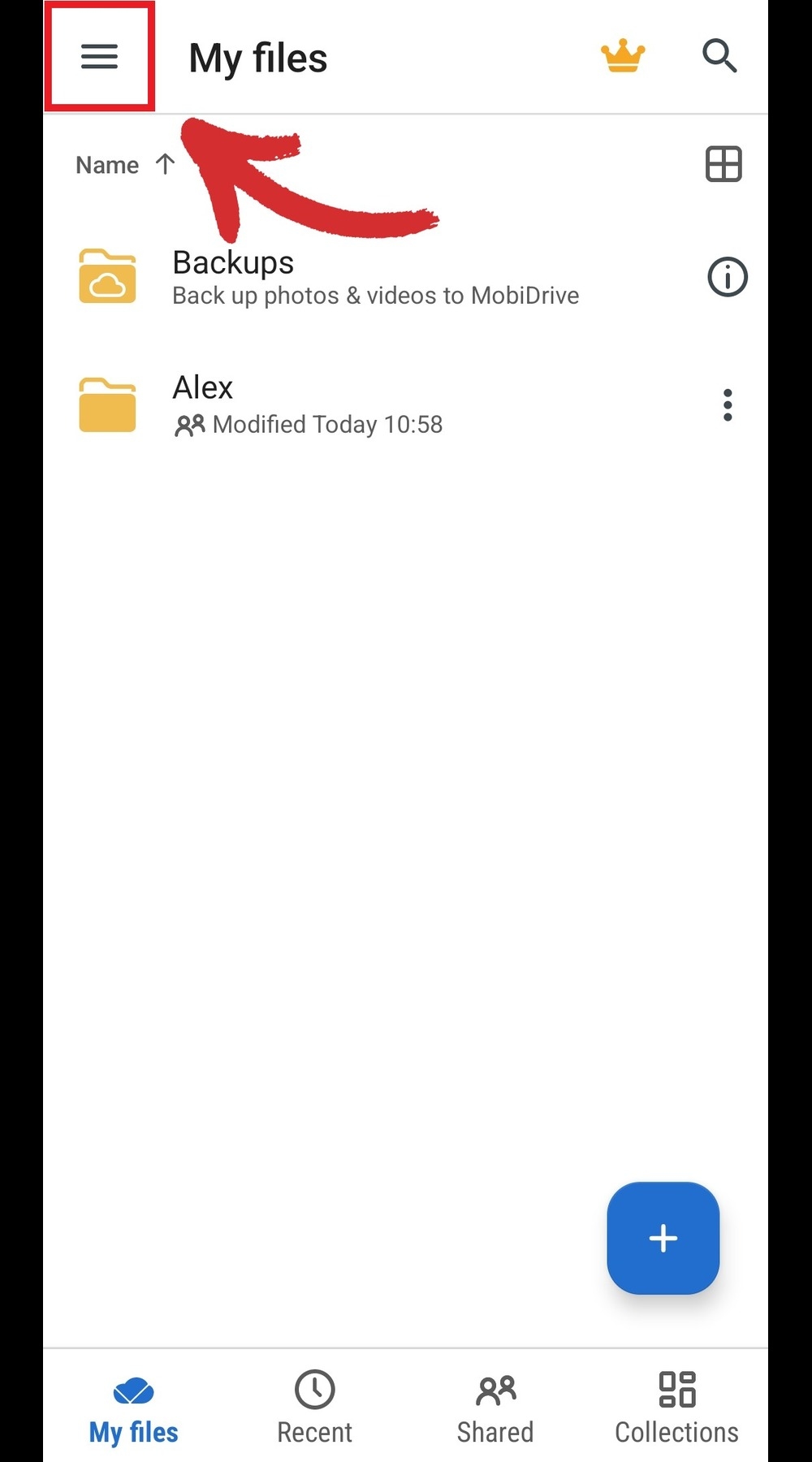 MobiDrive for Android app "My files" screen with an arrow pointing to the menu icon for navigation options, including folders for "Backups" and "Alex".