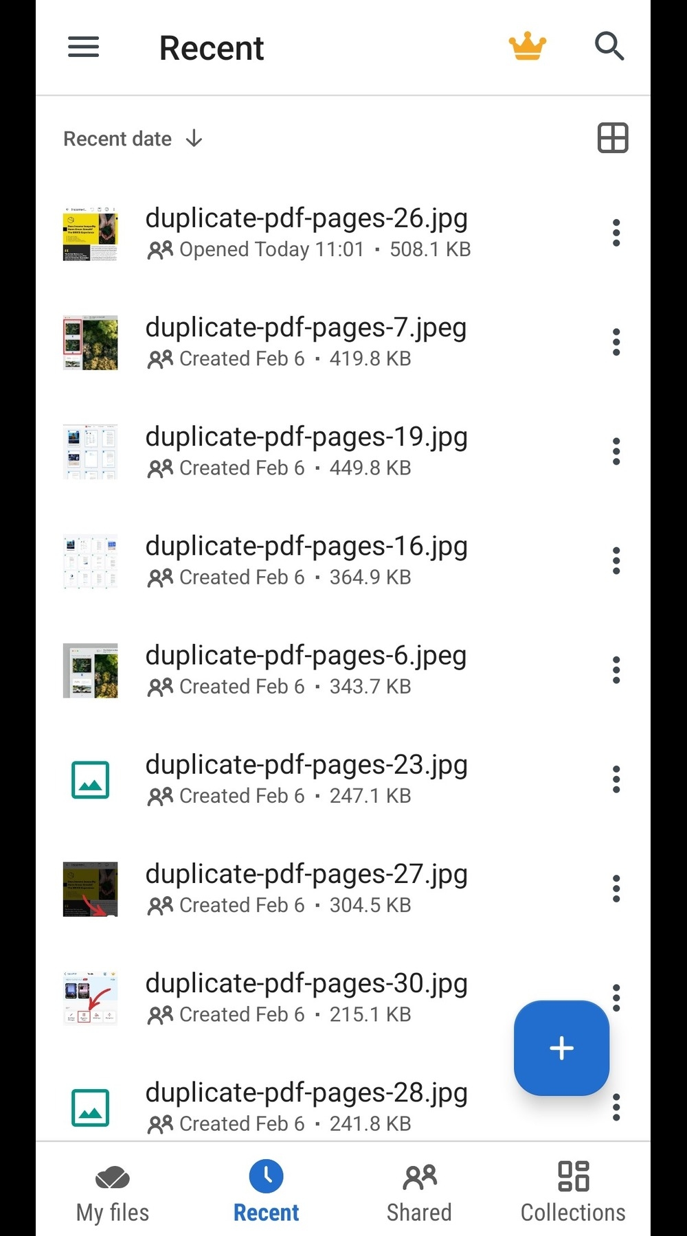 MobiDrive Android app "Recent" files section listing various JPEG files with detailed metadata such as file size and creation date.