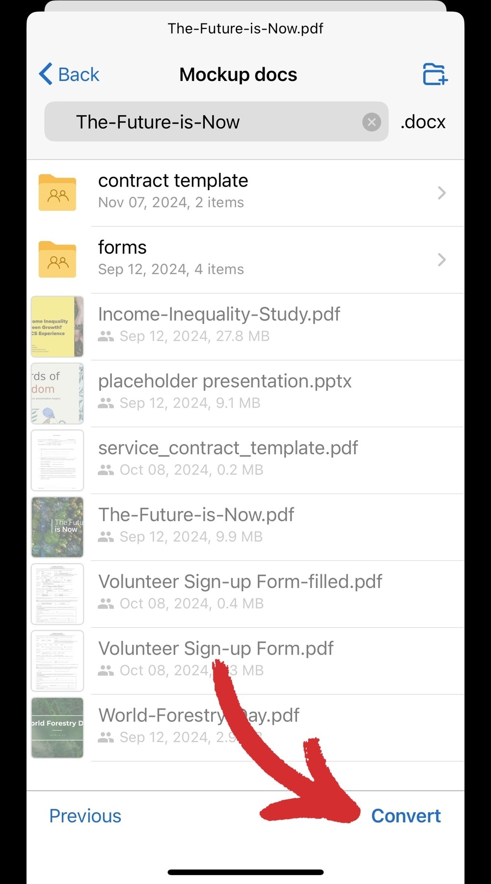 File list view in the MobiDrive for iOS app, including documents like "contract template" and "forms," with an arrow highlighting the "Convert" button for the selected file "The-Future-is-Now.pdf".