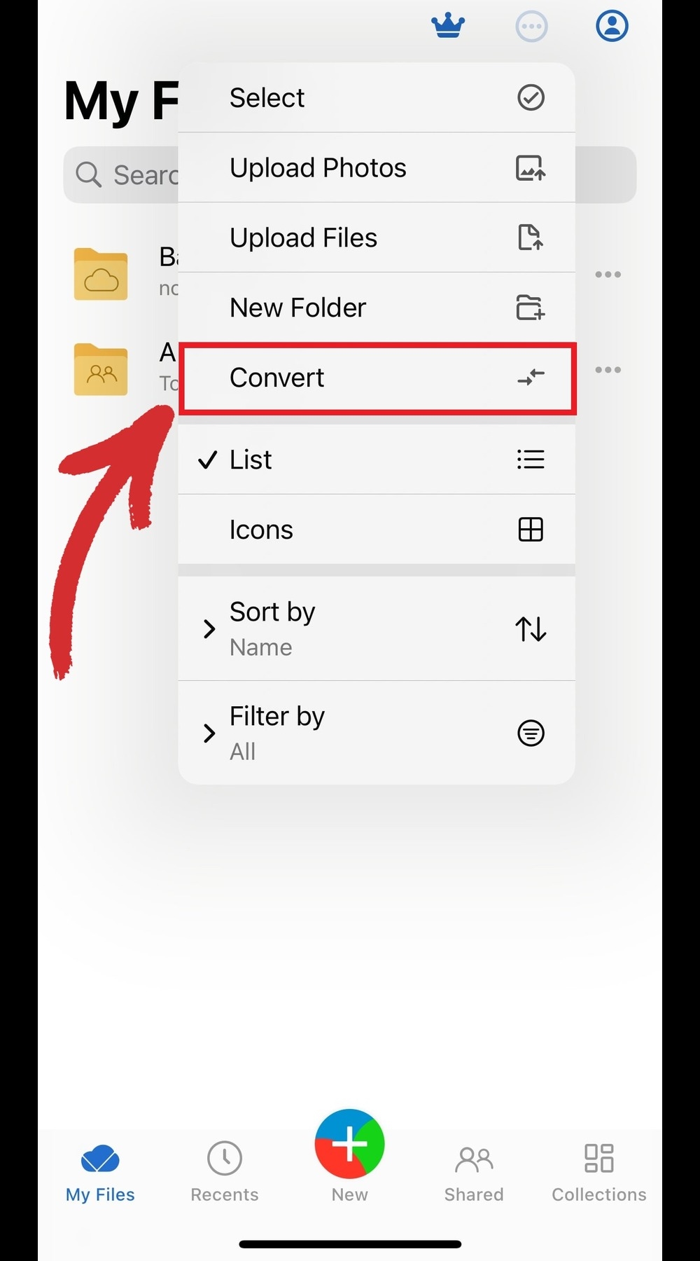 MobiDrive for iOS app "My Files" section, showcasing options like "Select," "Upload Photos," and "Convert," with an arrow emphasizing the "Convert" option.