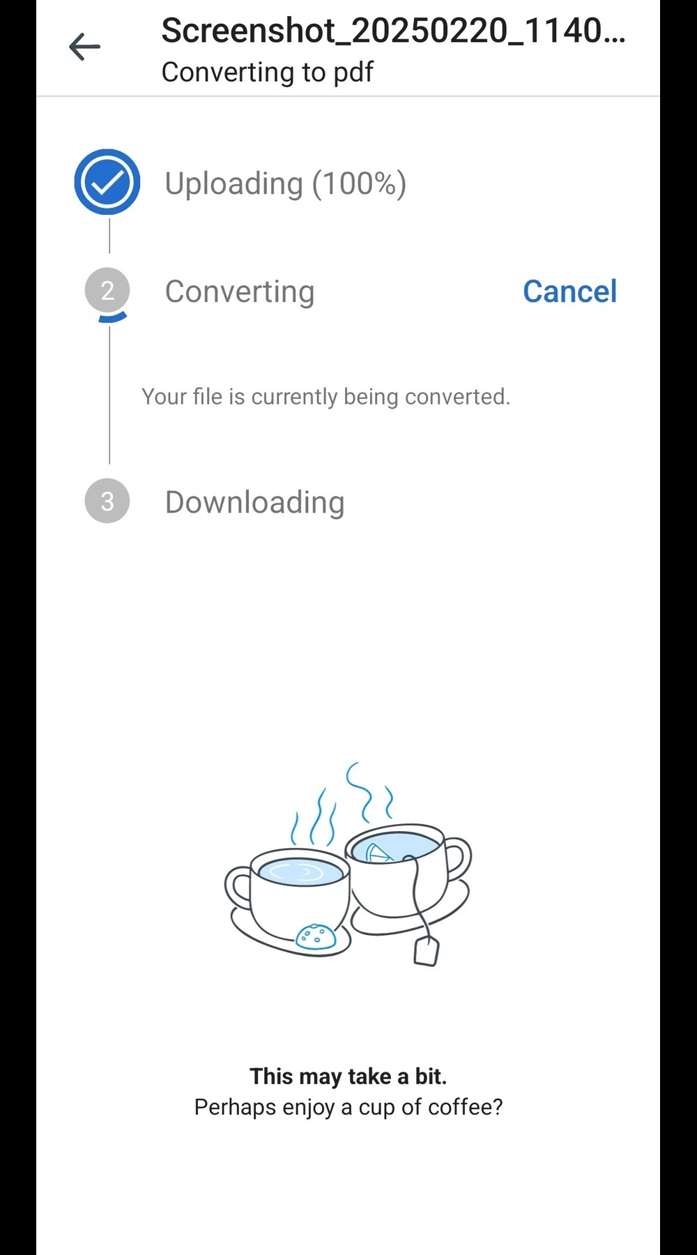 MobiDrive Android app conversion progress screen indicating an ongoing process of converting a file to PDF, with a humorous message suggesting enjoying a cup of coffee while waiting.