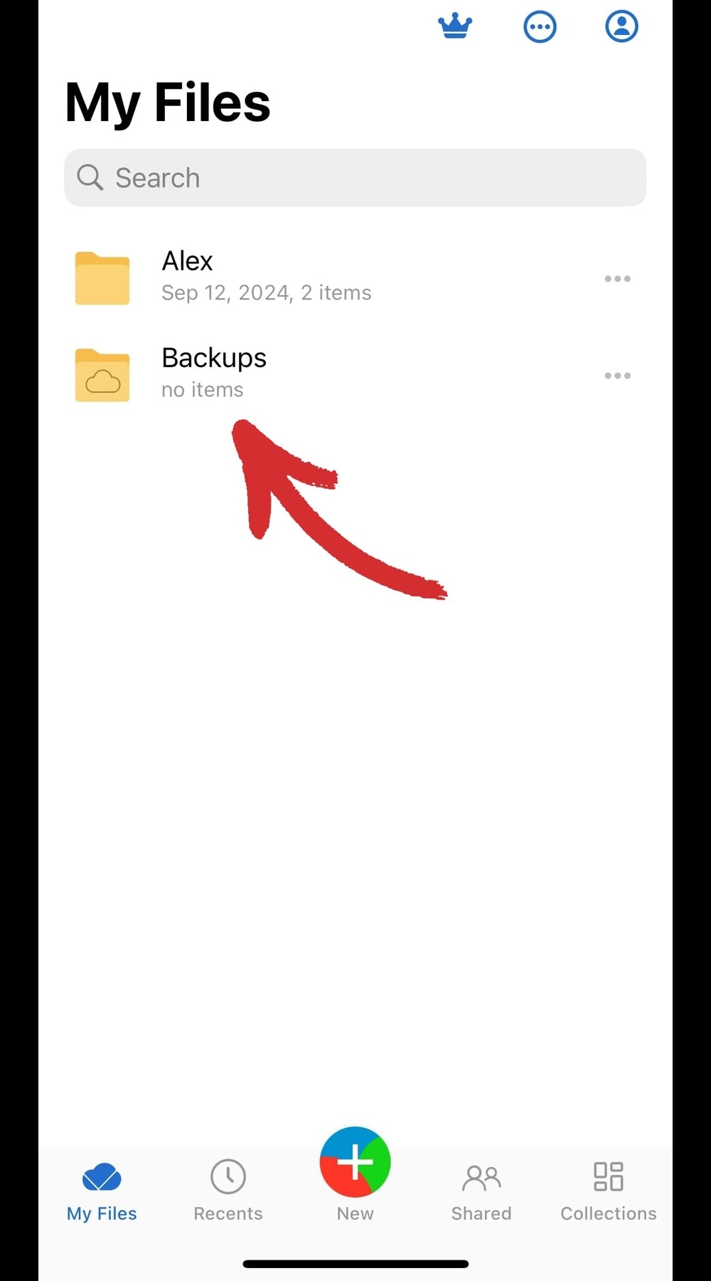 MobiDrive for iOS "My Files" section with folders for "Alex" and "Backups," highlighted by an arrow indicating the "Backups" folder.