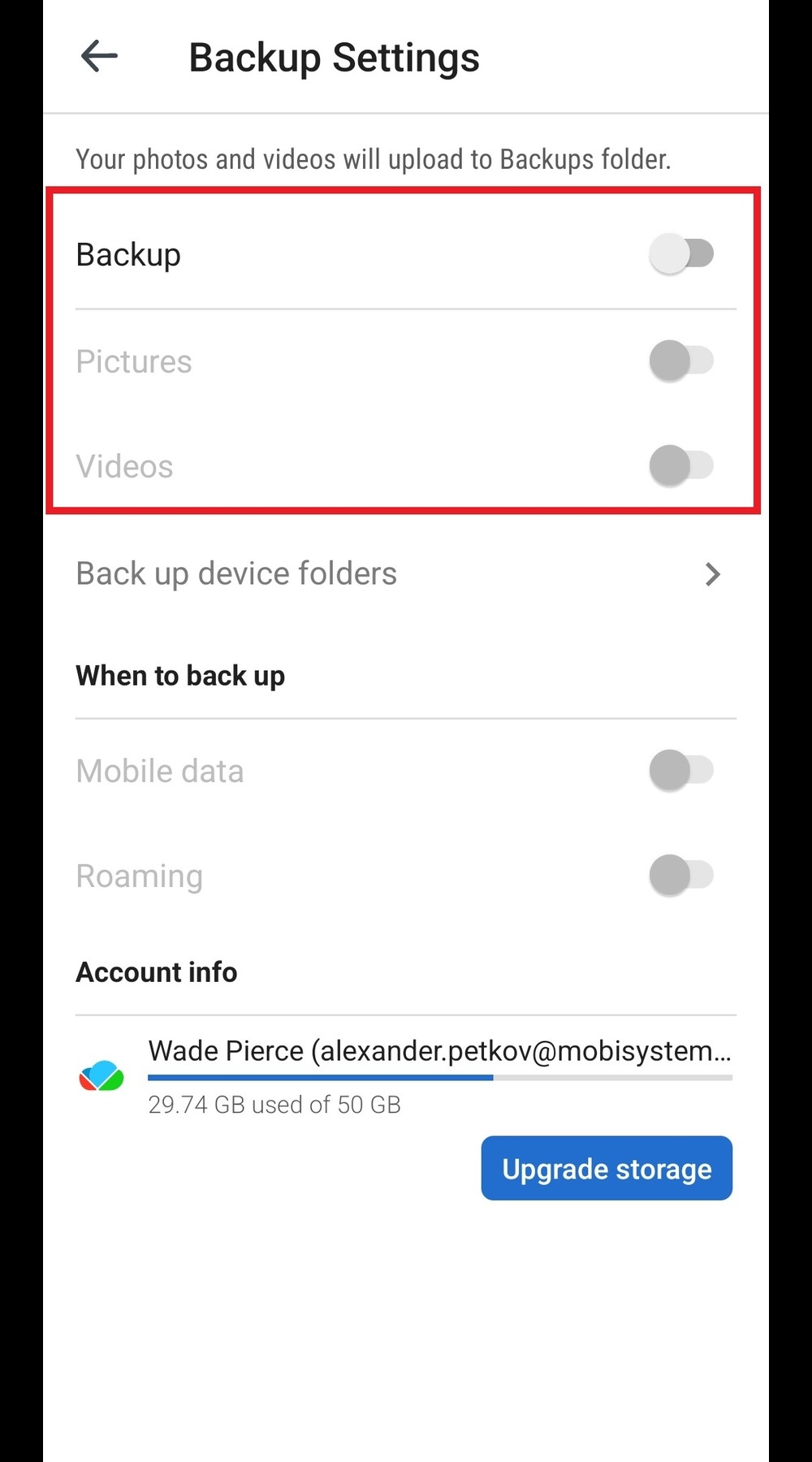 MobiDrive for iOS "Backup Settings" screen displaying toggle switches for backing up "Pictures" and "Videos," and options for when to back up, with account information at the bottom.