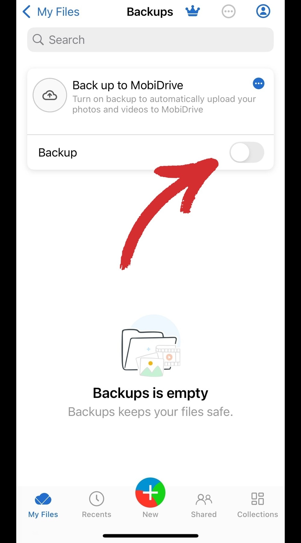 MobiDrive for iOS "Backups" folder view featuring an option to toggle the backup setting on or off, with an arrow emphasizing this option, and the message "Backups is empty."