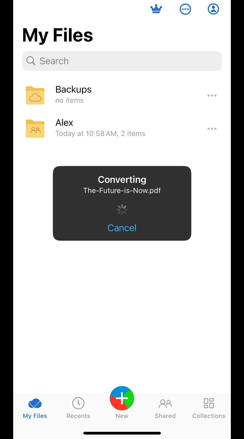 MobiDrive for iOS app's "My Files" screen displaying an active conversion process for "The-Future-is-Now.pdf," with a notification and the option to "Cancel" the conversion.
