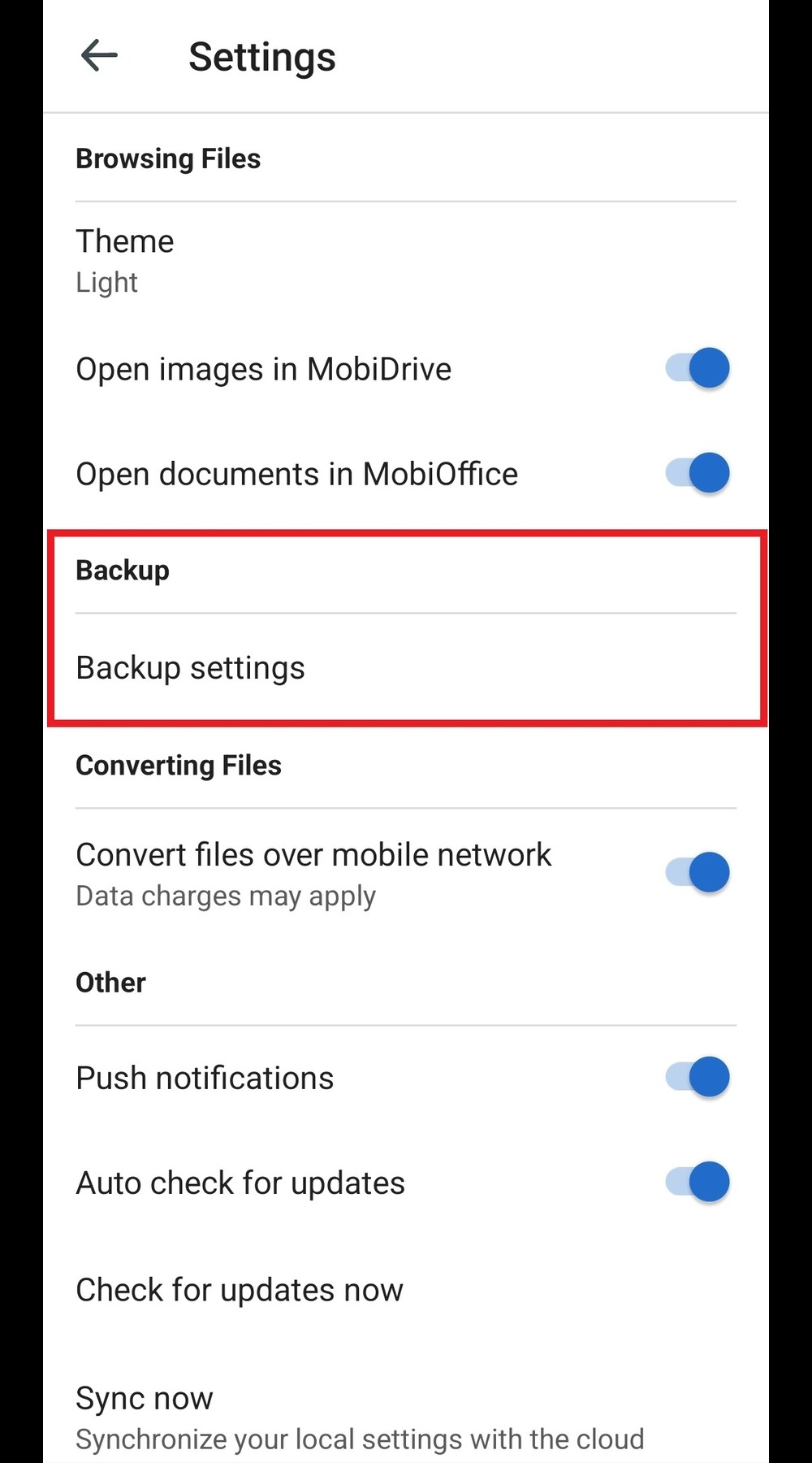 MobiDrive for iOS "Settings" screen focusing on the "Backup" section, which includes "Backup settings," alongside other options such as "Theme" and "Push notifications."