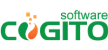 Logo displays the text "COGITO software" in green, featuring an orange abstract shape resembling a puzzle piece above the letter "g," against a transparent background.