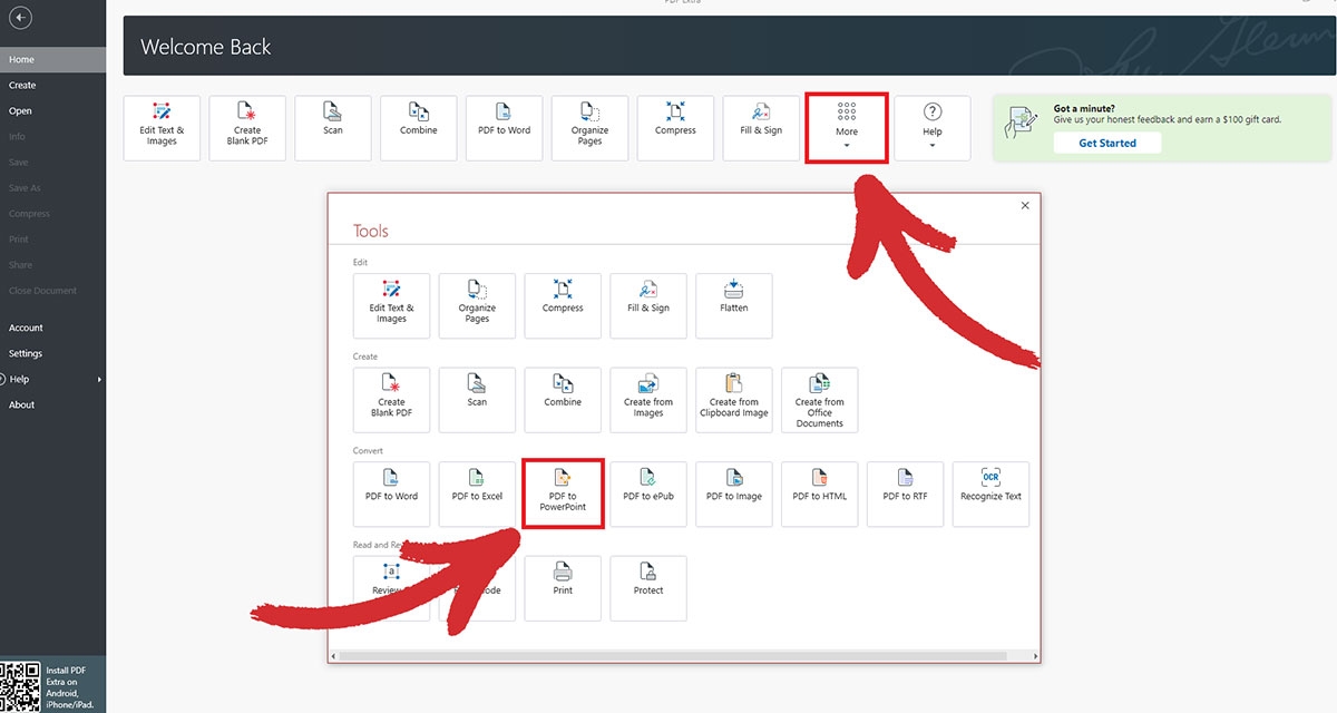 You can also convert to PPT from "Home" > "More" > "PDF to PowerPoint".