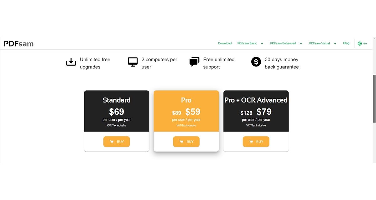 The pricing plans of PDFsam Enhanced.