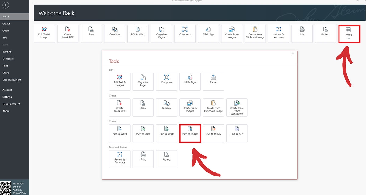 Alternatively, convert through "Home" > "More" > "PDF to image".