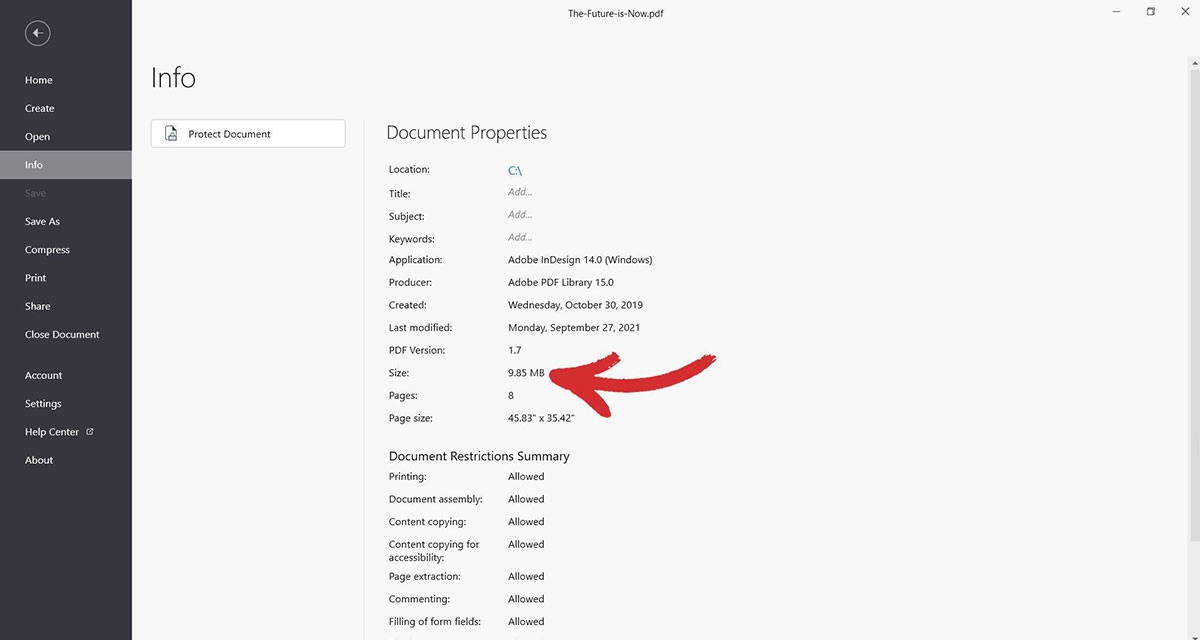 The "Info" panel contains useful data like your file's title, date of creation, and file size.