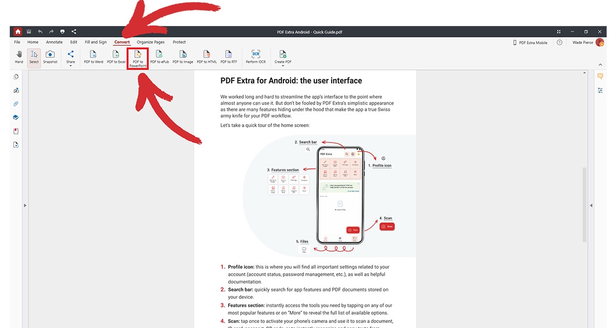 Choose "Convert" > "PDF to PowerPoint" from the MobiPDF top ribbon.