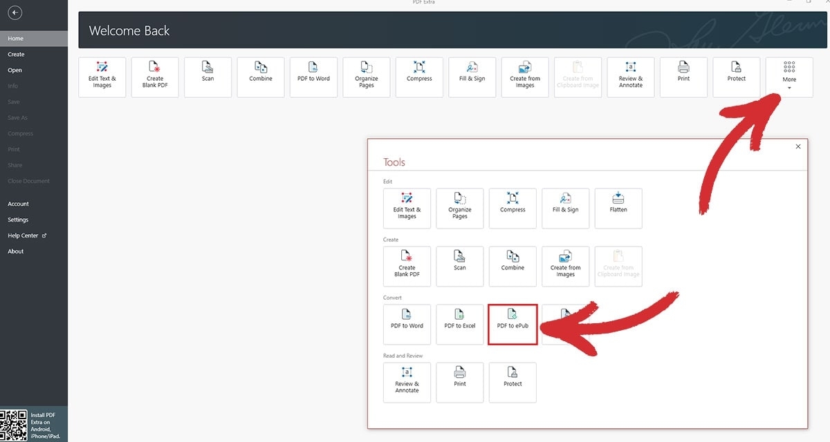 Go to "More" > "PDF to EPUB" to start the conversion process