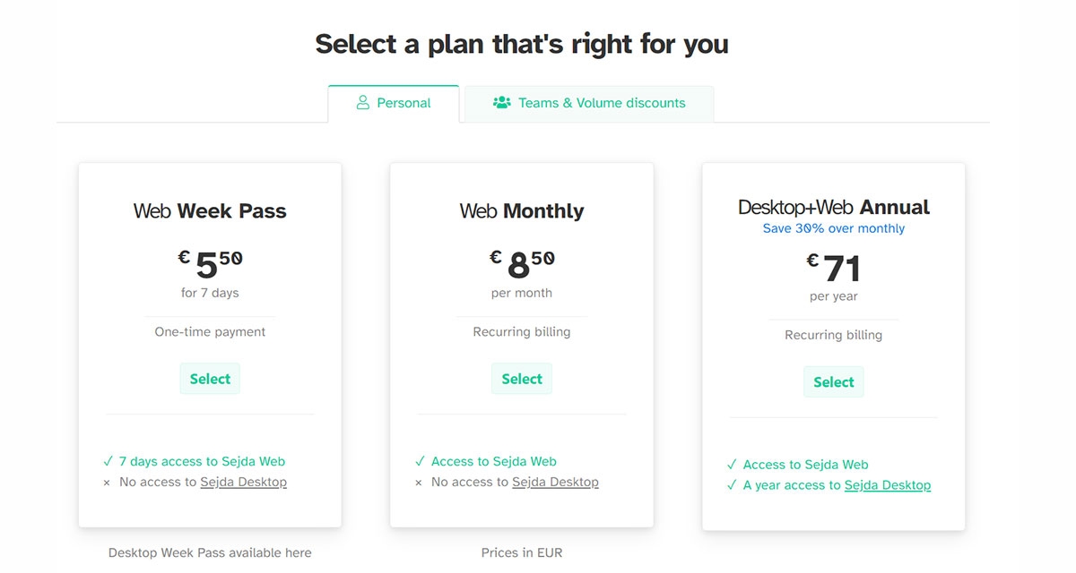 Sejda's personal pricing plans.