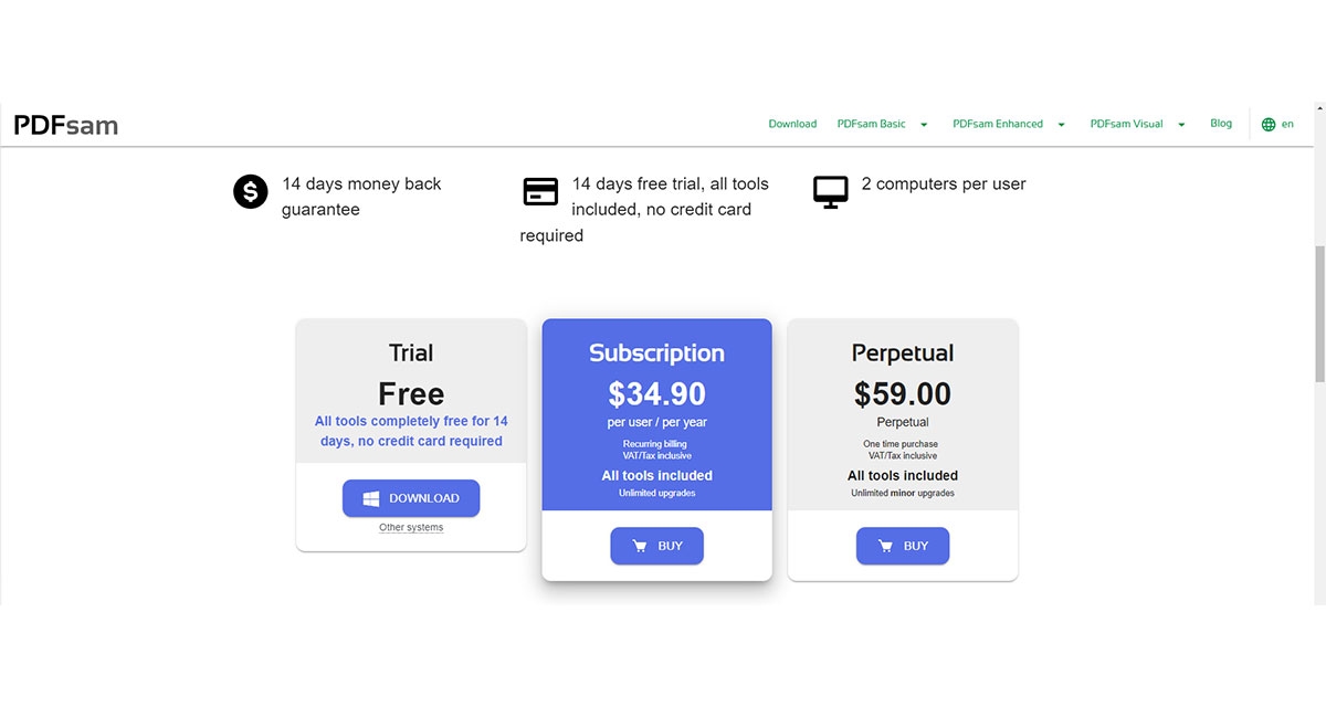 The pricing plans of PDFsam Visual.