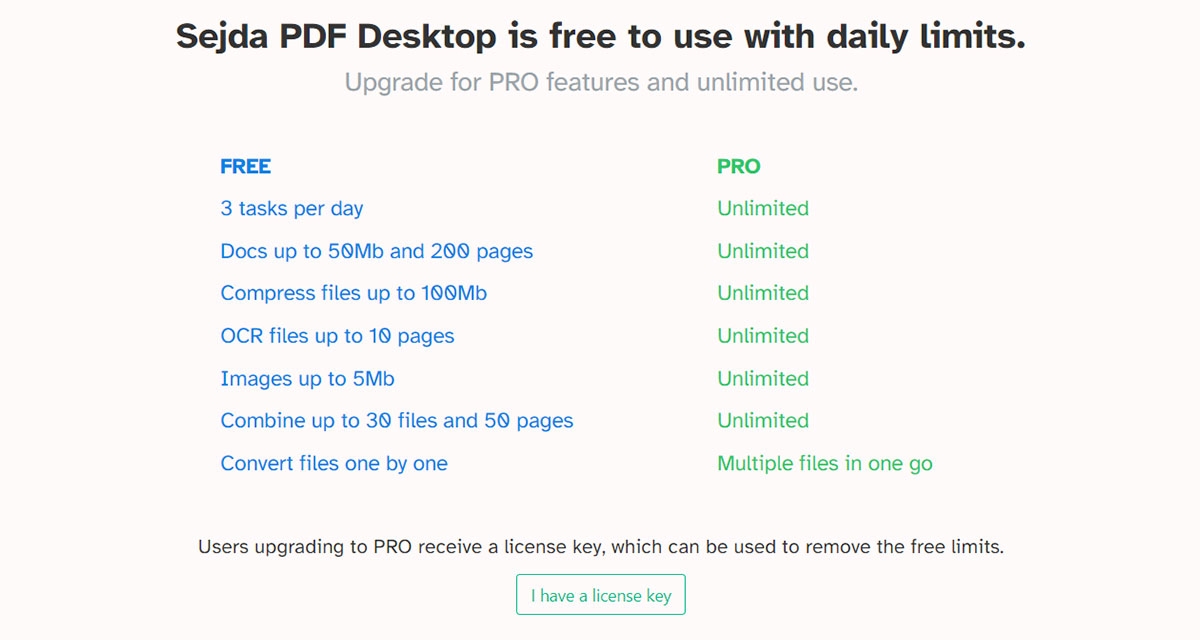 A table comparing the available free and paid features in Sejda PDF Desktop.