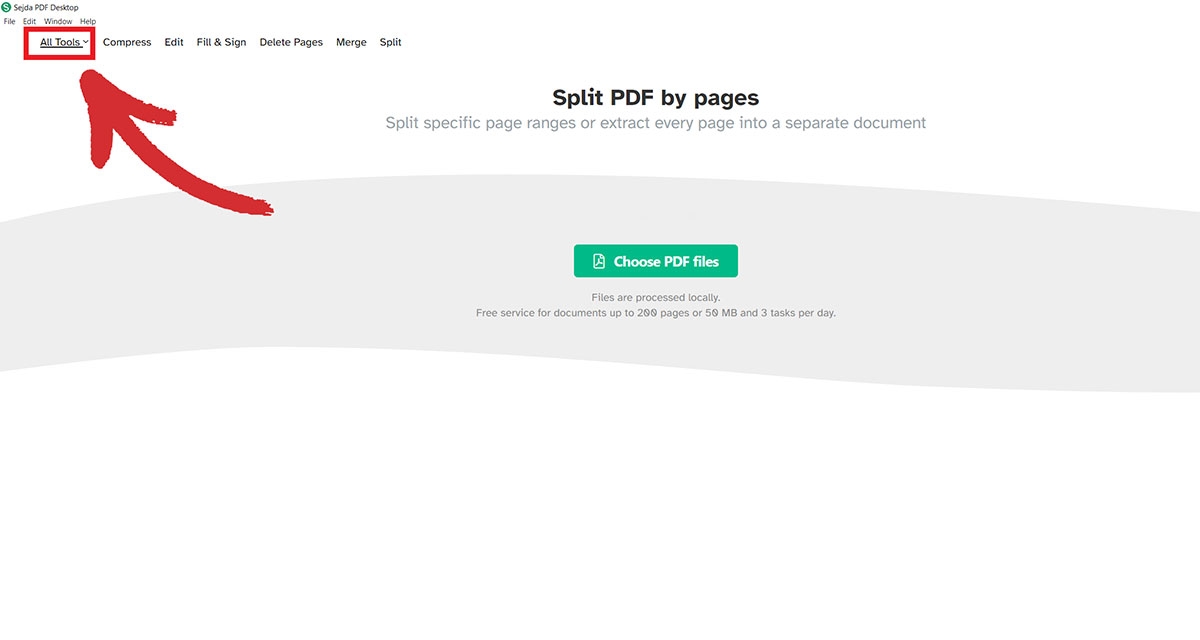 Access the "All Tools" menu from within the Sejda PDF interface to start working.