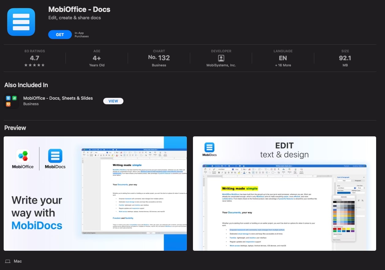 Pictured: MobiOffice - Docs app listing on the App Store.