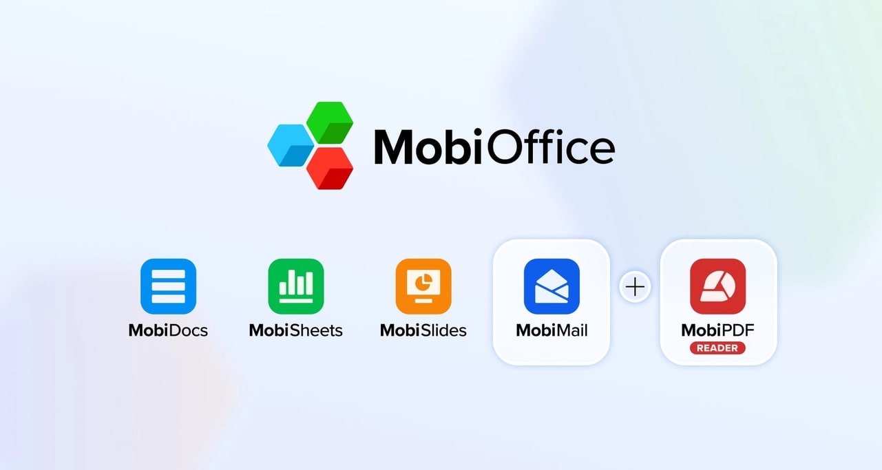 MobiOffice suite displaying colorful icons for MobiDocs, MobiSheets, MobiSlides, MobiMail and MobiPDF Reader applications against a soft blue backdrop.