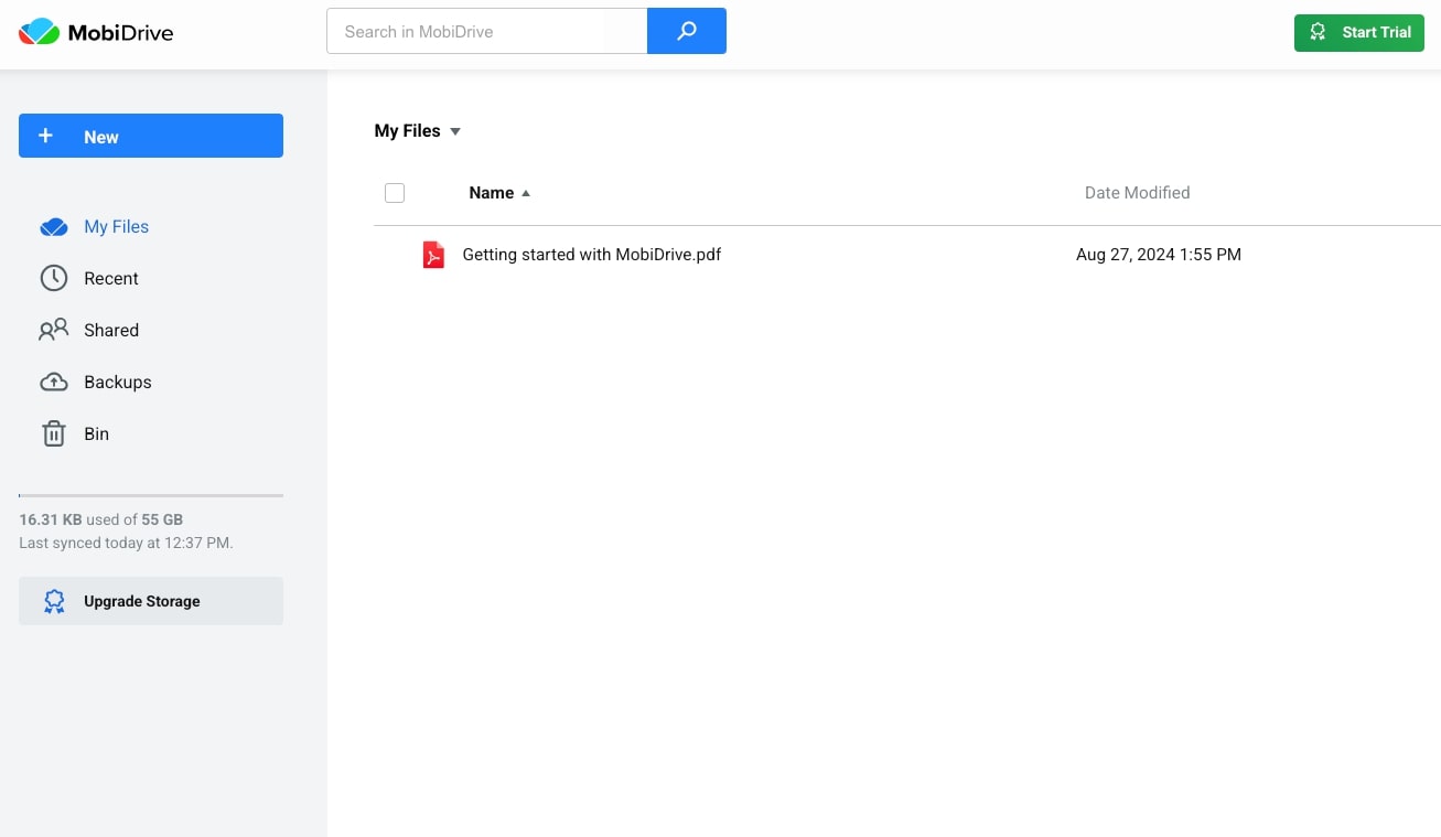 MobiDrive cloud storage interface displaying a single uploaded file