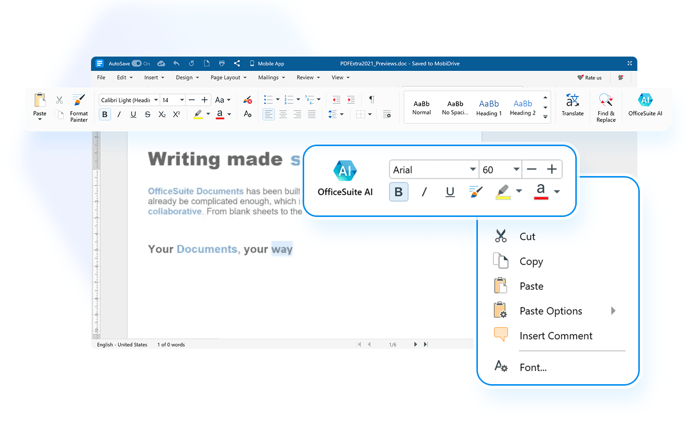 A text document editing application screen shows a toolbar with font and formatting options, alongside a dropdown menu for text editing commands like cut, copy, and paste. Text: "Writing made simple."