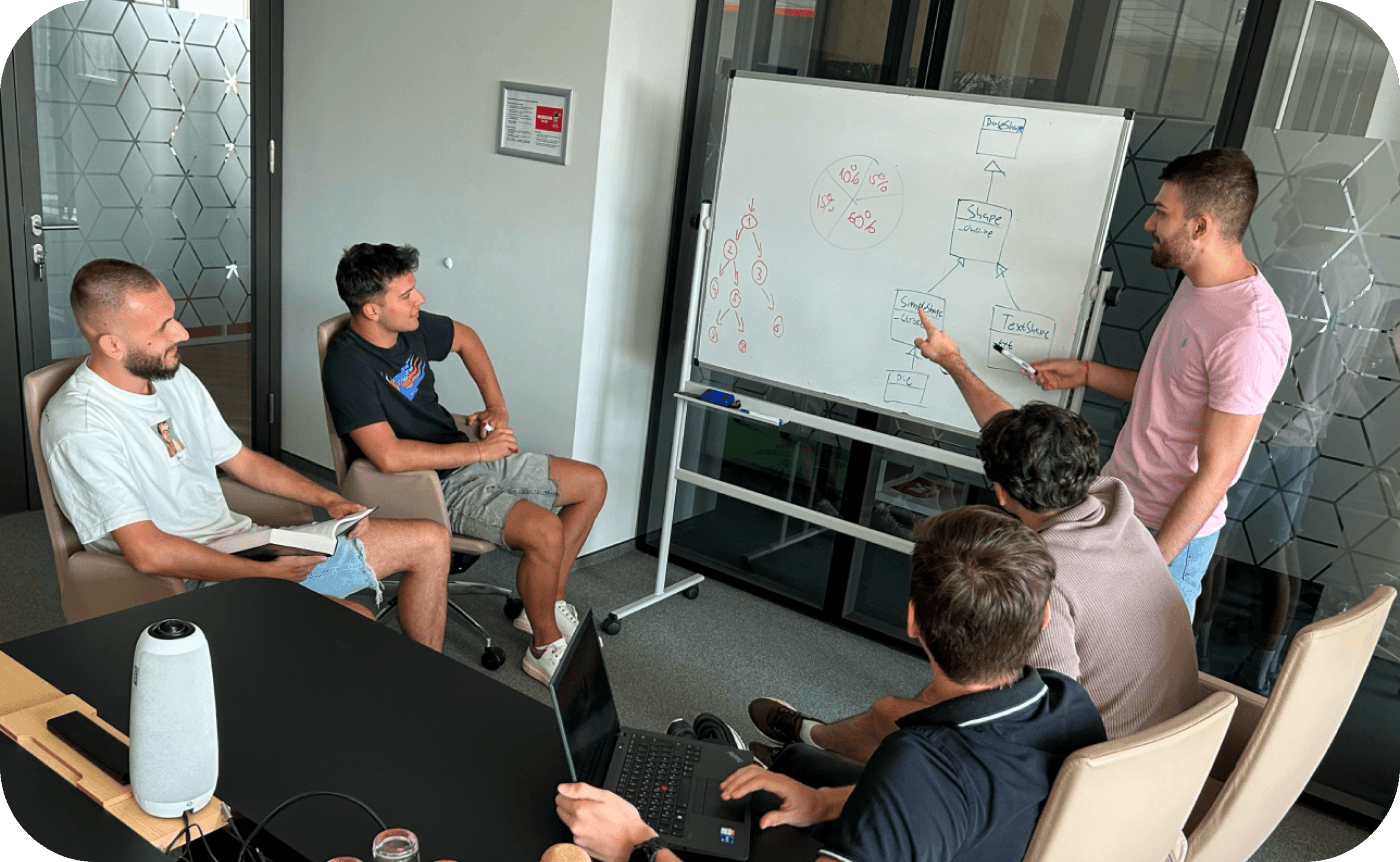 Five people engage in a meeting; one stands and points at a whiteboard showing flowcharts and sketches. Others are seated, observing attentively in a modern conference room.