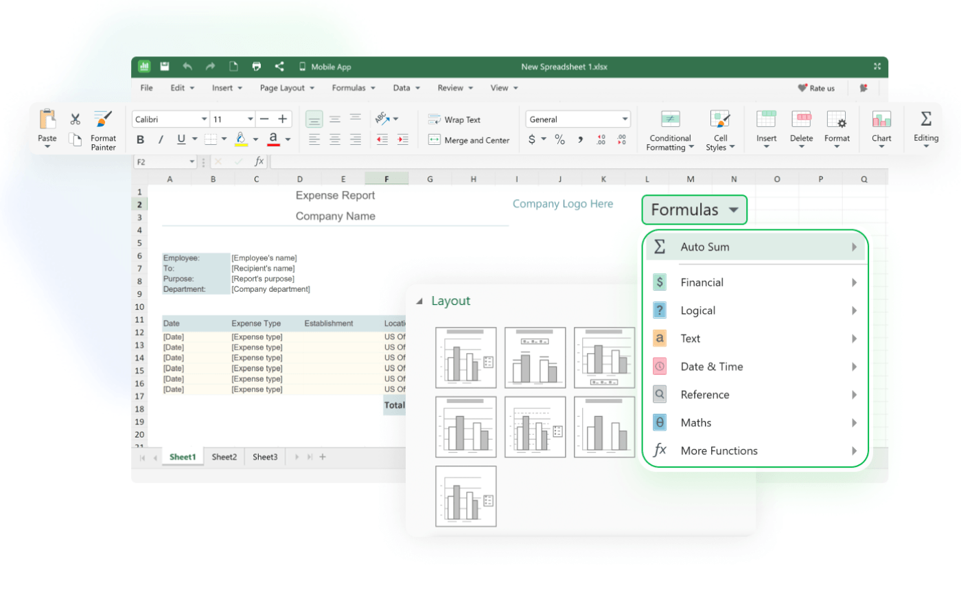 A spreadsheet program displays an expense report with text: “Expense Report,” “Company Name,” “Layouts.” A formula menu is open, showing options like “Auto Sum,” “Financial,” and “Logical,” set against a clean workspace.