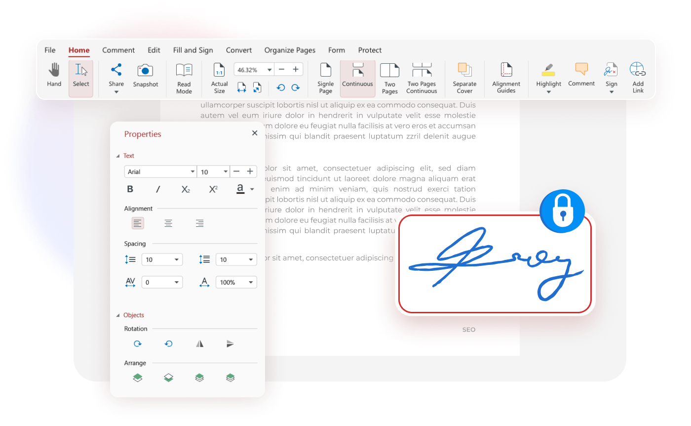 A digital signature with a lock icon is applied to a document on a computer interface. The toolbar shows options like Home, Comment, Edit, Fill and Sign, Convert, Organize Pages, Forms, and Protect. A properties panel on the left displays text adjustments.