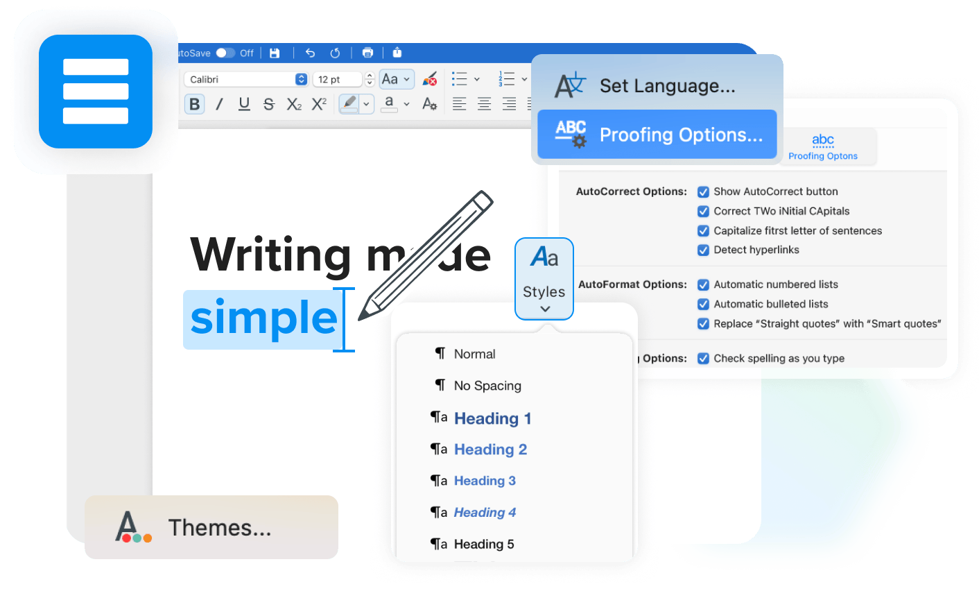 A text document editing application screen shows a toolbar with font and formatting options, alongside a table of contents.