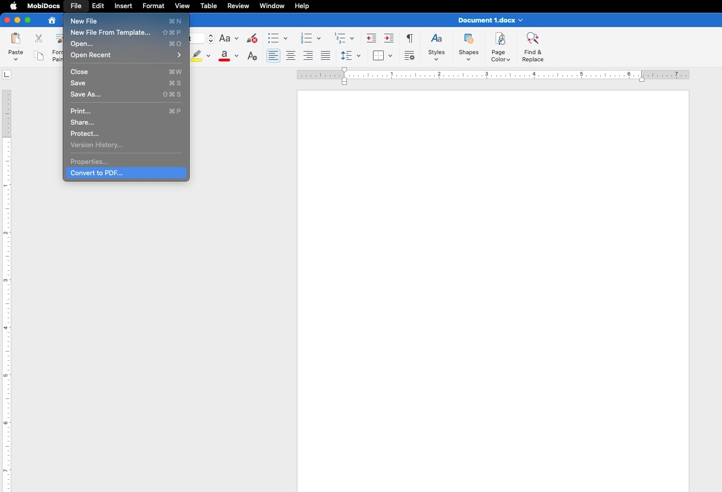 MobiDocs with a dropdown menu open under the 'File' tab. The option 'Convert to PDF' is highlighted, allowing users to export a document as a PDF.