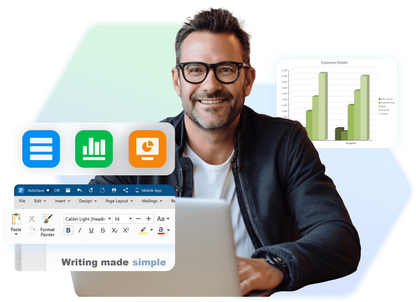 A person with glasses and a smile works on a laptop. Icons for documents, spreadsheets, and presentations float nearby. In the background, a bar chart labeled "Expense Details" is displayed.