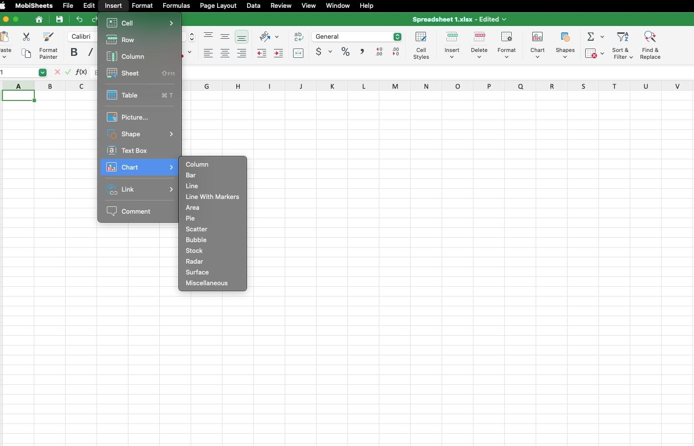 MobiSheets spreadsheet editor shows the 'Insert' menu open, highlighting the 'Chart' option with various types like column, bar, and pie charts.