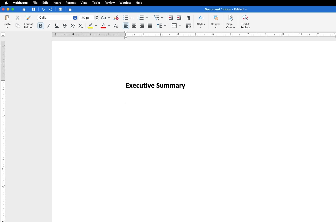 MobiDocs blank page with 'Executive Summary' as a formatted heading, with toolbar options for formatting and editing.