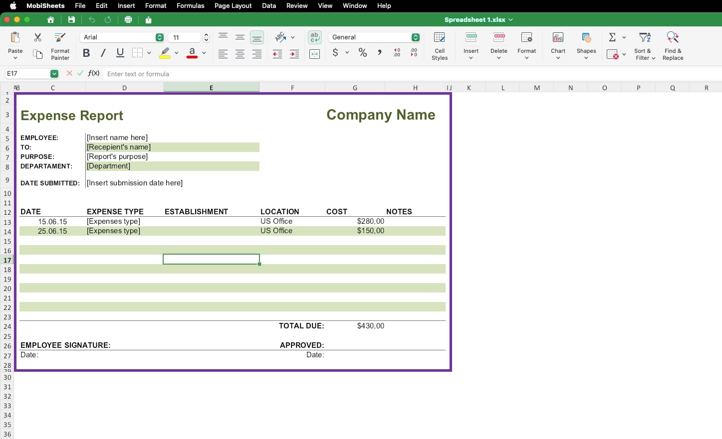 MobiSheets spreadsheet application showing company expense report template with green toolbar and itemized expense entries totaling $430.