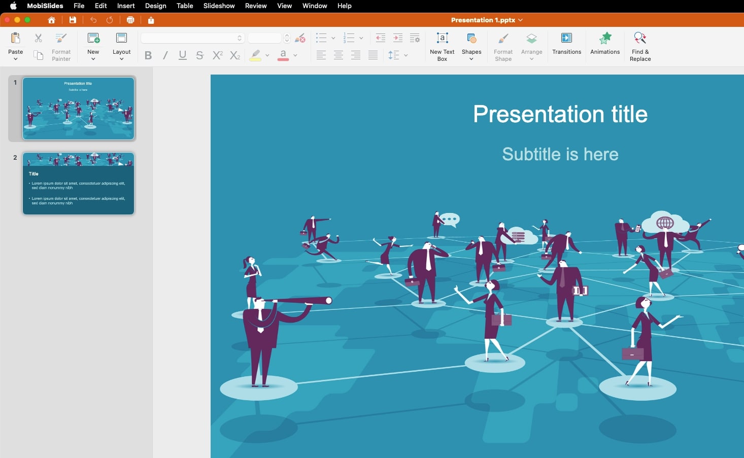 MobiSlides presentation editor shows a business-themed slide with an illustration of professionals networking and placeholders for the presentation title and text.