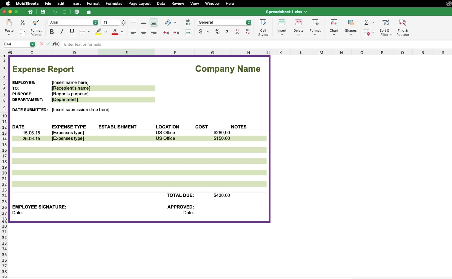 MobiSheets spreadsheet displays an expense report template with sections for employee details, expense types, costs, and total due.