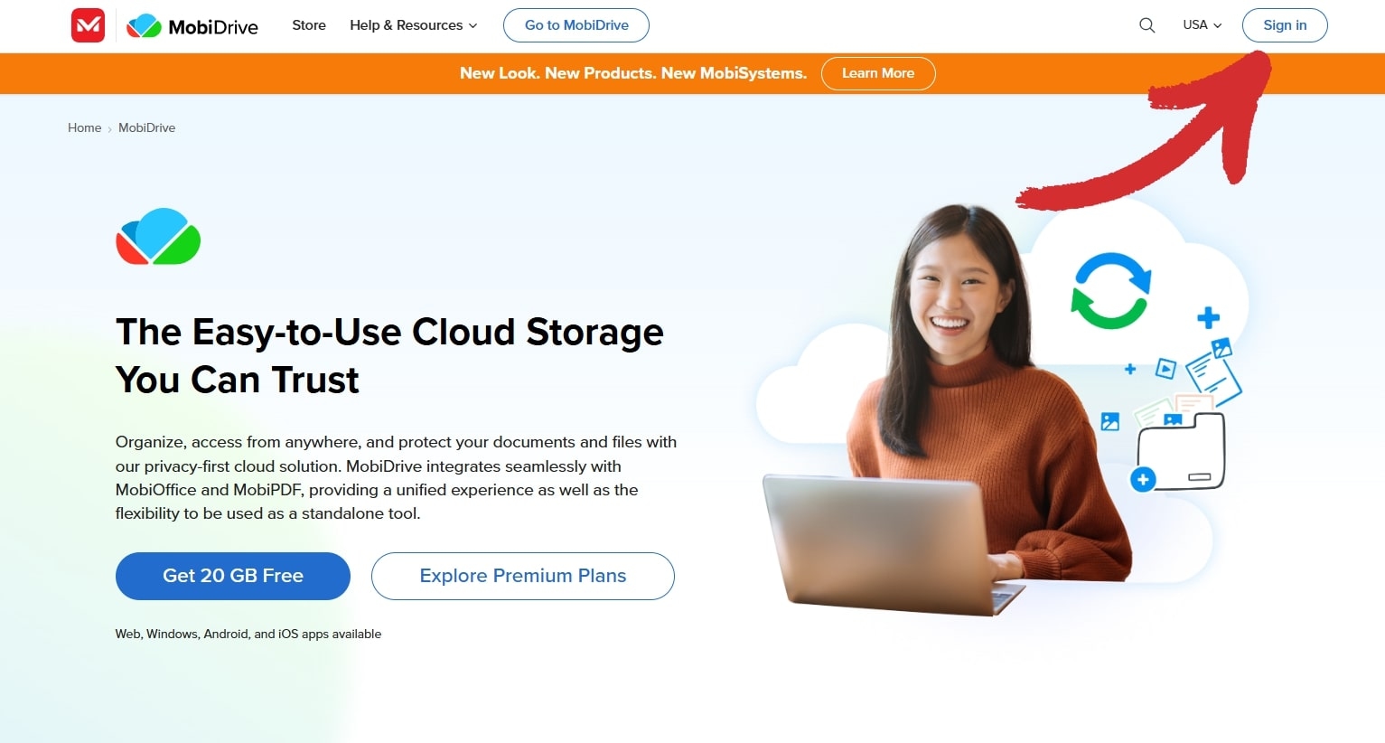 Homepage of MobiDrive cloud storage service with a woman using a laptop, featuring an arrow pointing to the "Sign in" button.