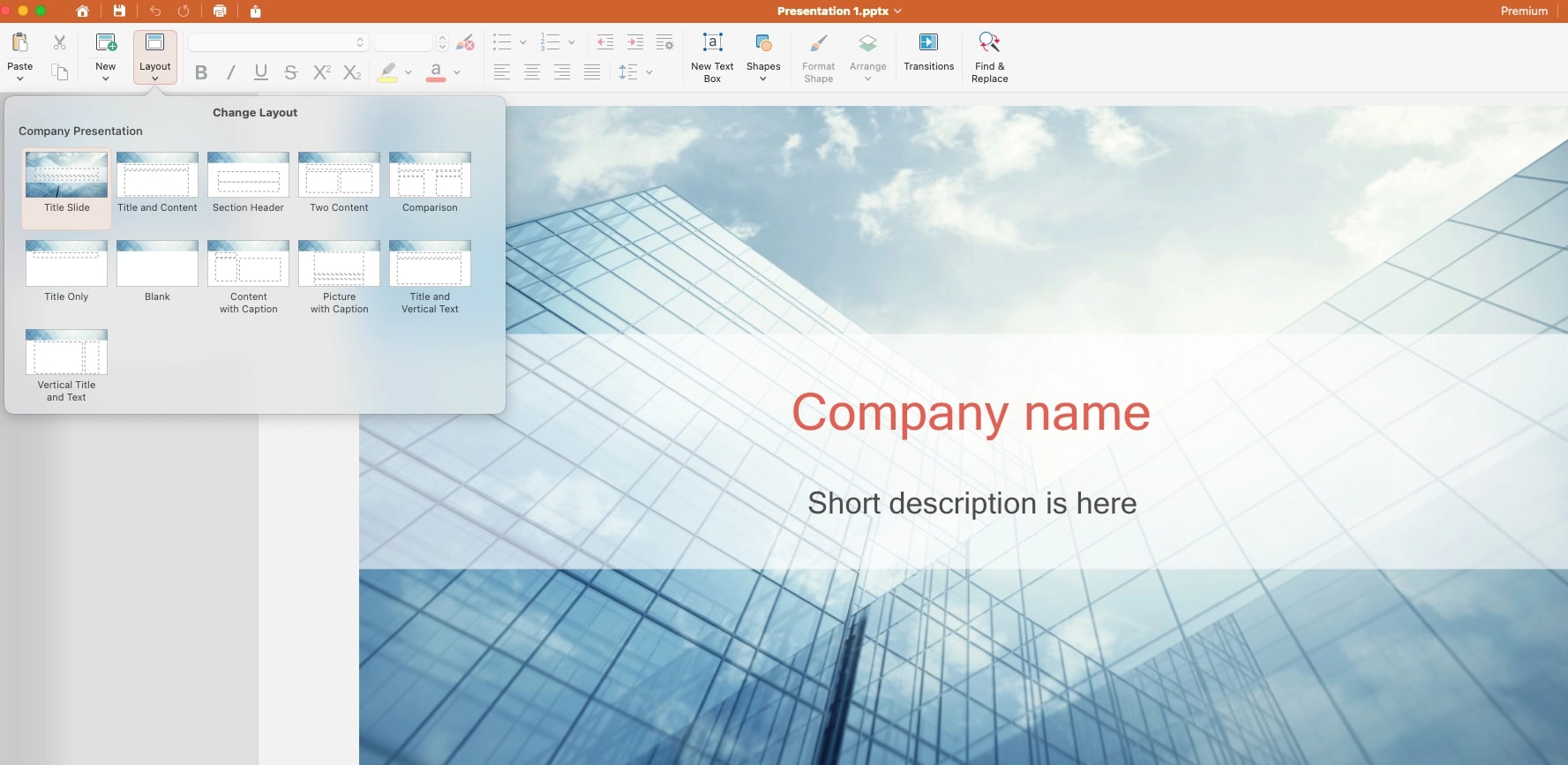 MobiSlides presentation editor with layout selection panel open, displaying corporate template with glass building background and placeholder text.