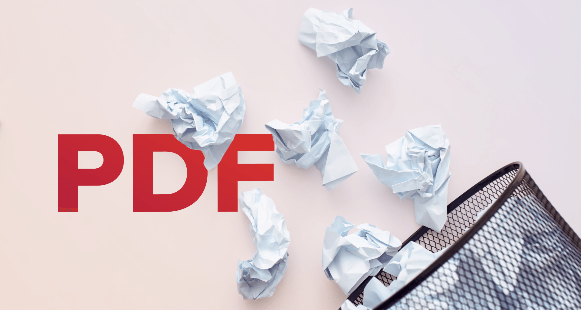 Crumpled paper balls falling into a trash bin beside the word 'PDF,' representing deleting or cleaning up PDF files with MobiPDF.