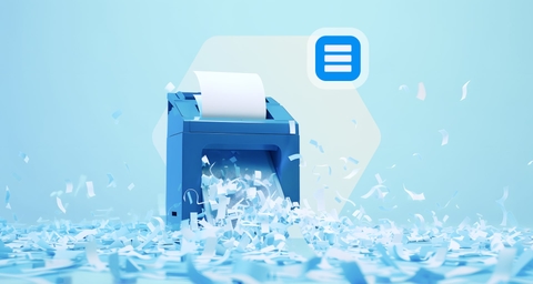 3D illustration of a paper shredder with shredded paper, representing document disposal and data security.
