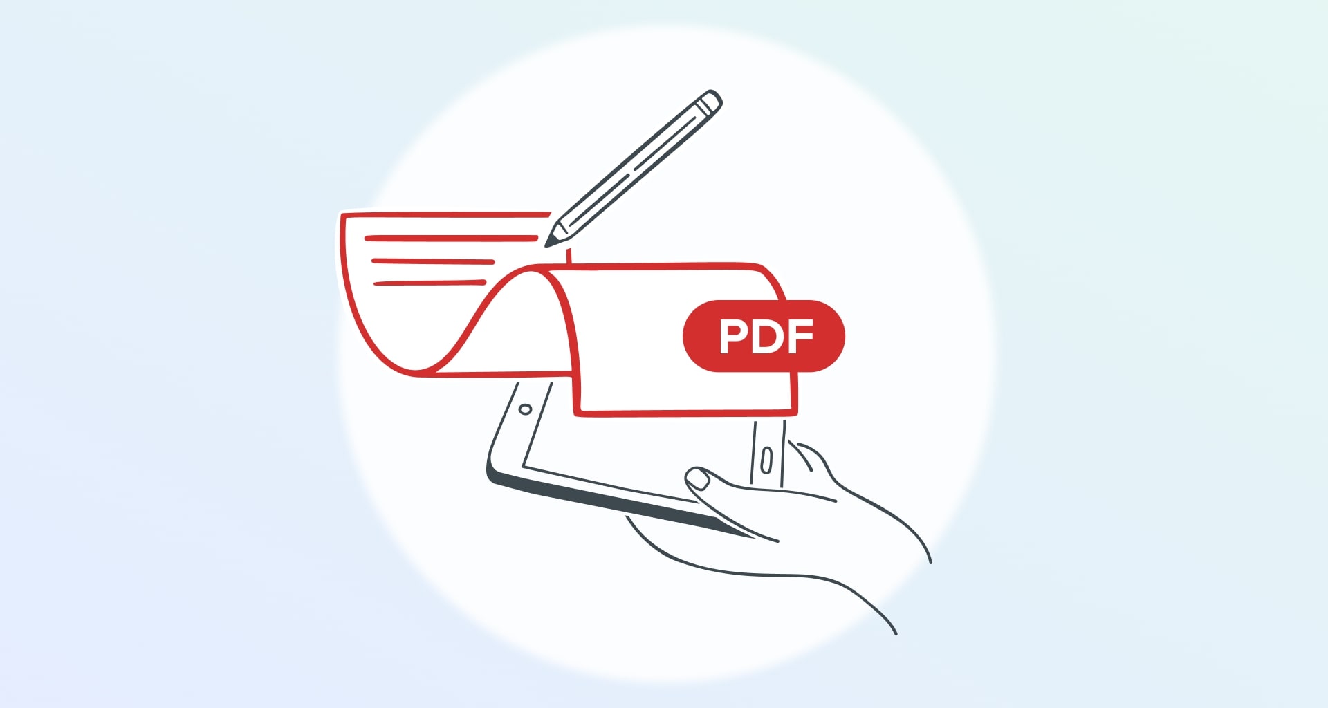 Pen and paper illustration showing PDF editing on a tablet.