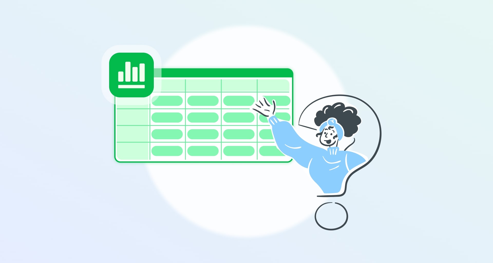 Illustration of a user analyzing a green data table up close.