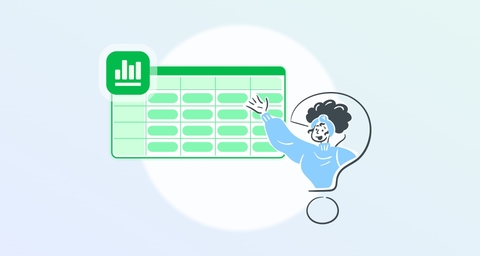 Illustration of a user analyzing a green data table up close.
