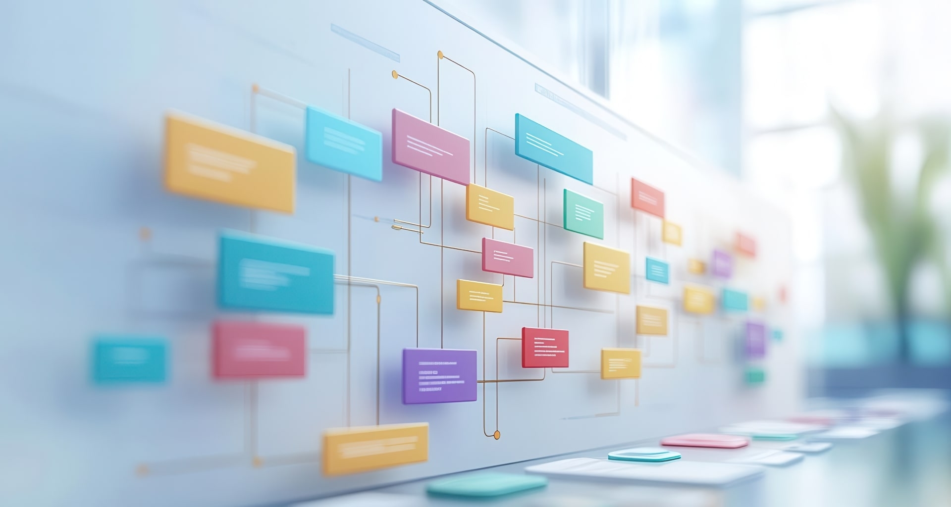 Digital workflow diagram with colorful connected blocks and interconnected nodes representing data visualization or business process management.