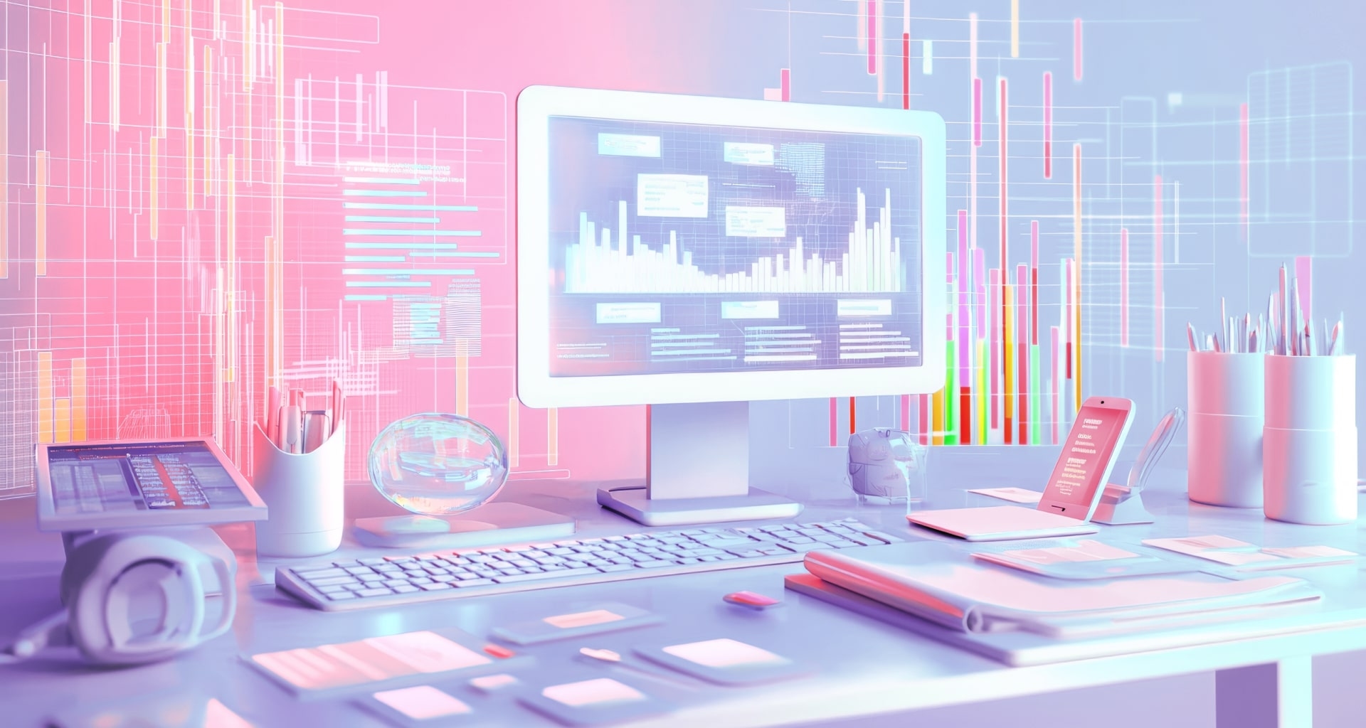 Modern workstation with computer monitor displaying data analytics dashboard with colorful charts against gradient pink and blue background.