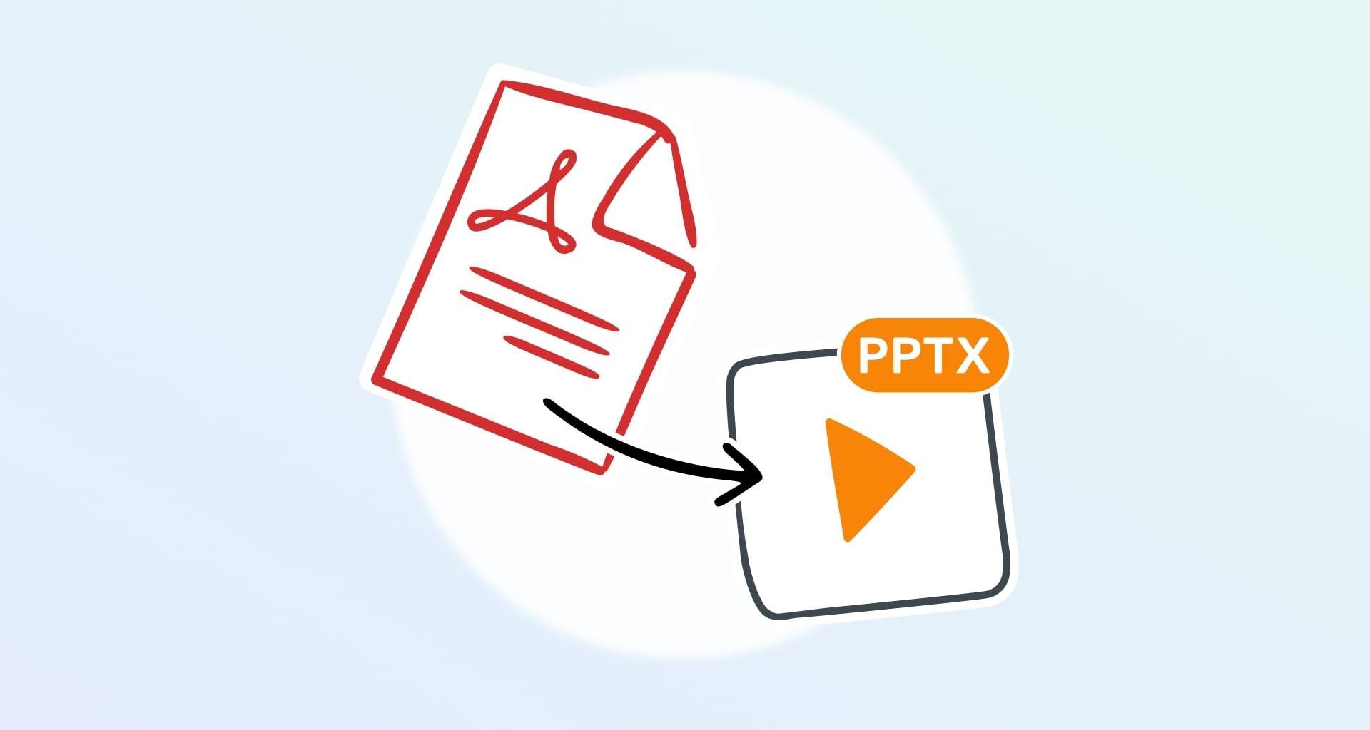 Illustration of a PDF document being converted to PPTX (PowerPoint) format, indicating file conversion.